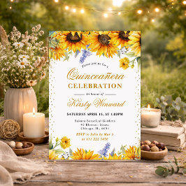 Invitación Acuarela de Girasoles y Brillo Dorado Quinceañera