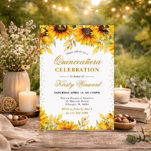 Invitación Acuarela de Girasoles y Brillo Dorado Quinceañera