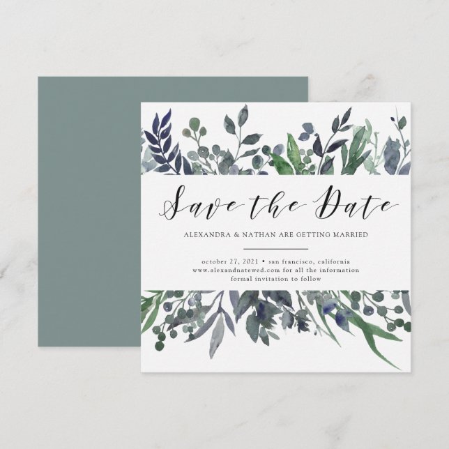 Invitación Acuarela de Hojas | Boda Salva la Fecha (Anverso / Reverso)
