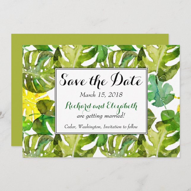 Invitación Acuarela de hojas tropicales para boda Save the Da (Anverso / Reverso)