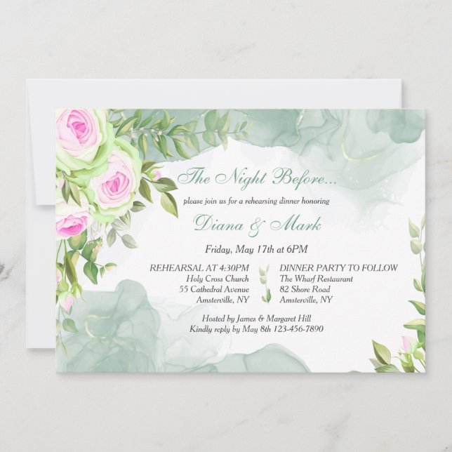 Invitación Acuarela de la cena de ensayo (Anverso)