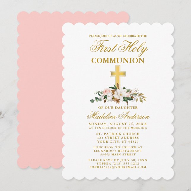 Invitación Acuarela de la Comunión Magnolia Floral Gold Cross (Anverso / Reverso)