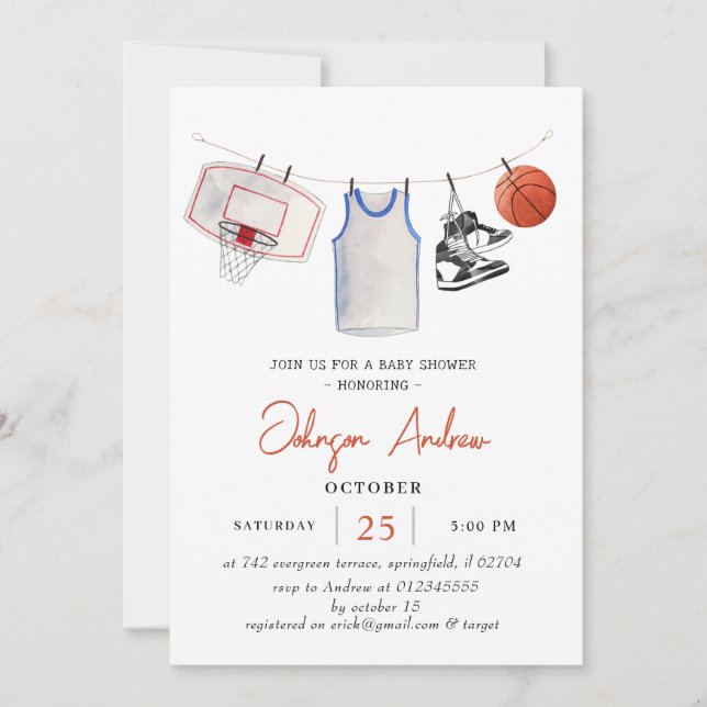 Invitación acuarela de la ducha de bebé de baloncesto persona (Anverso)