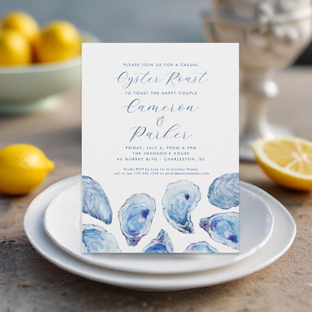 Invitación Acuarela de la Fiesta de Compromiso Casual de Osti (Lowcountry Oyster Roast Invitation with elegant blue watercolor for an engagement party)