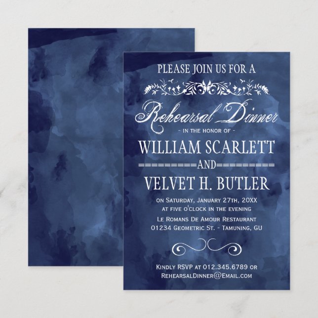 Invitación Acuarela de la Marina Bohemio Ensayo Cena (Anverso / Reverso)