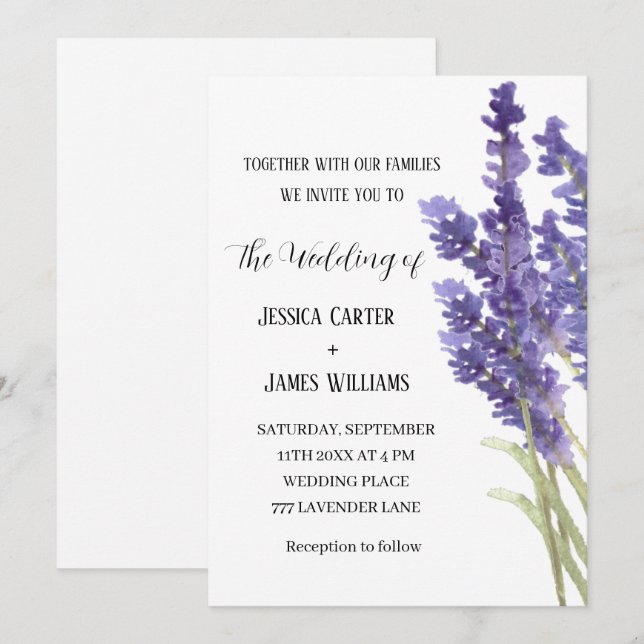 Invitación Acuarela de lavanda Boda Rústica Elegante (Anverso / Reverso)