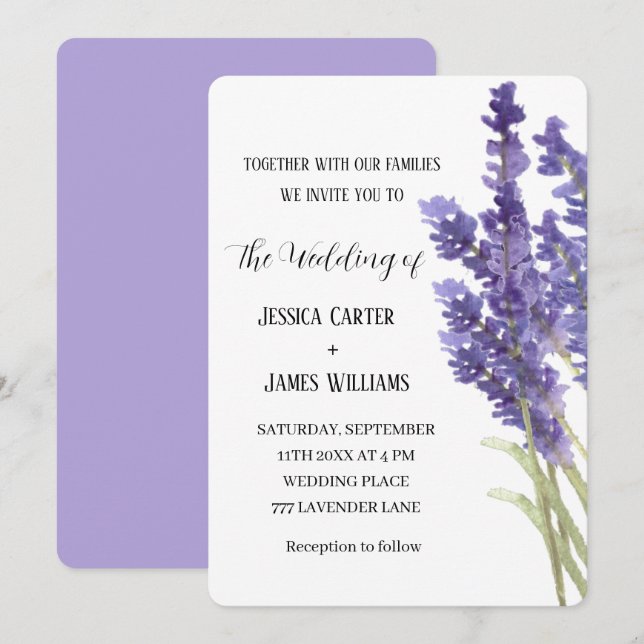 Invitación Acuarela de lavanda Boda Rústica Elegante (Anverso / Reverso)