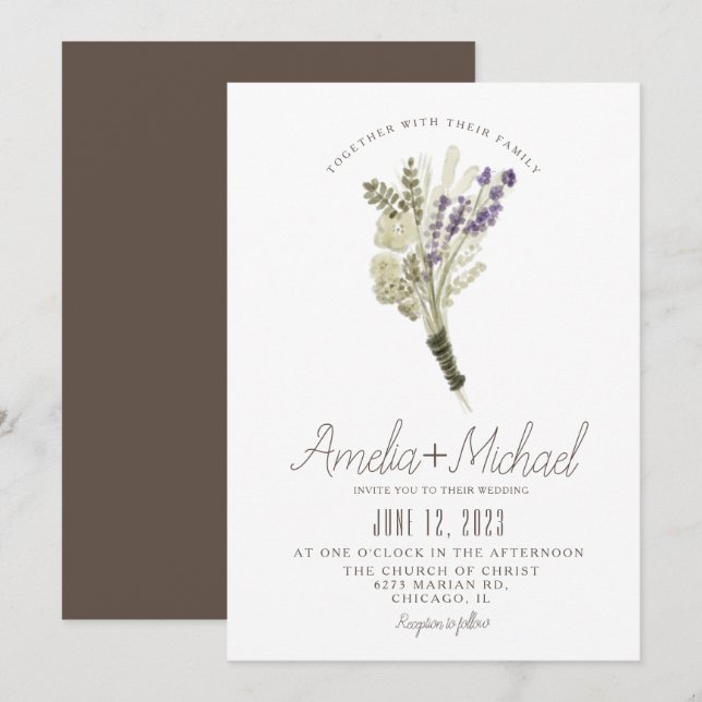Invitación Acuarela de lavanda Boda rústico ecológico (Anverso / Reverso)