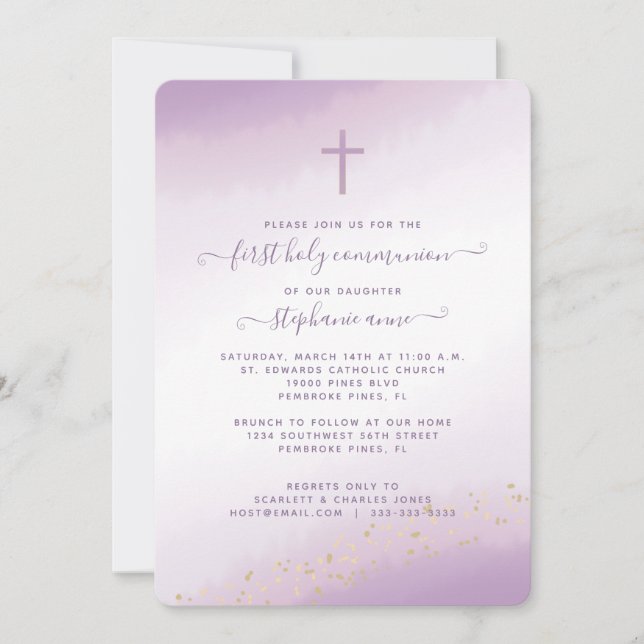 Invitación Acuarela de lavanda cruzada de la comunión (Anverso)