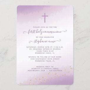 Invitación Acuarela de lavanda cruzada de la comunión