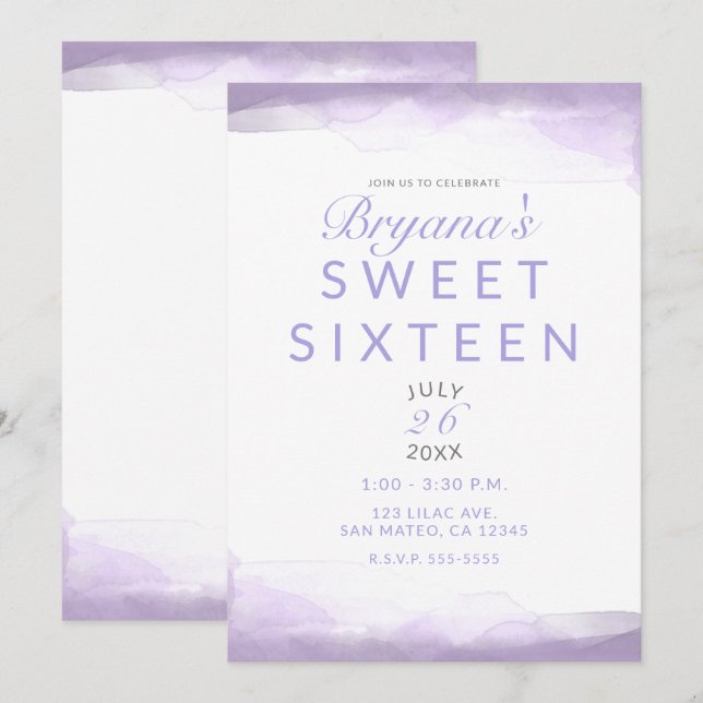 Invitación Acuarela de lavanda morada Moda moderna dulce 16 (Anverso / Reverso)