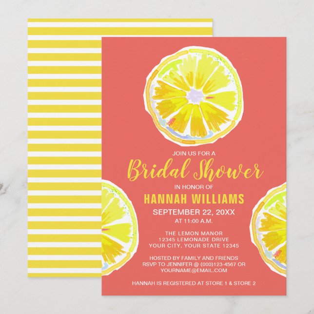 Invitación Acuarela de limón con Naranja Sunny Bridal Shower (Anverso / Reverso)