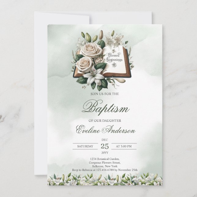 Invitación Acuarela de lirios blancos Holly Baptismo de la Bi (Anverso)