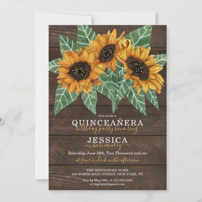 Invitación Acuarela De Madera De Girasol Rústico Quinceañea (Anverso)