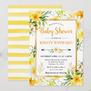 Invitación Acuarela de Margaritas y Flores Amarillas para Bab