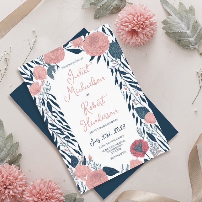 Invitación Acuarela de marina rosa Peony Floral Vines Boda (Subido por el creador)