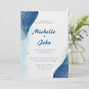 Invitación acuarela de mármol de invierno Boda azul de oro