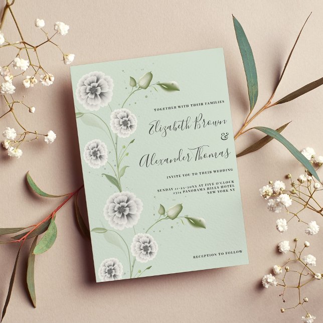 Invitación Acuarela de menta blanca hojas de adormidera flora (White mint watercolor poppy floral leaves wedding invitation)