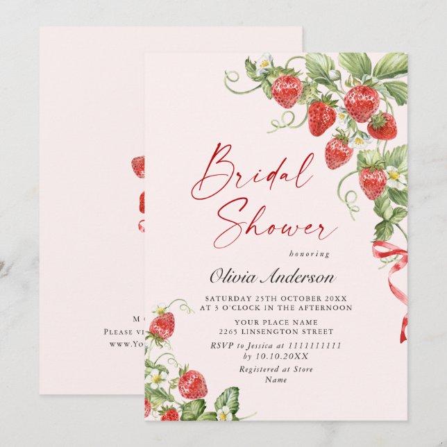 Invitación Acuarela de moda Meadow Strawberry Brin Shower (Anverso / Reverso)