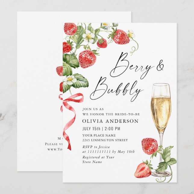 Invitación Acuarela de moda Meadow Strawberry Brin Shower (Anverso / Reverso)