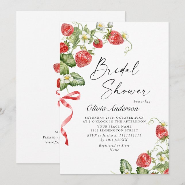 Invitación Acuarela de moda Meadow Strawberry Brin Shower (Anverso / Reverso)