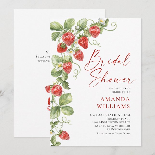 Invitación Acuarela de moda Meadow Strawberry Brin Shower (Anverso / Reverso)