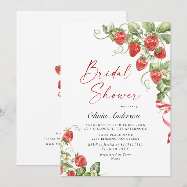 Invitación Acuarela de moda Meadow Strawberry Brin Shower (Anverso / Reverso)