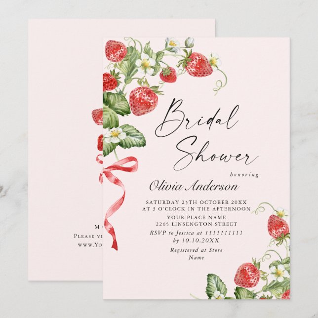 Invitación Acuarela de moda Meadow Strawberry Brin Shower (Anverso / Reverso)