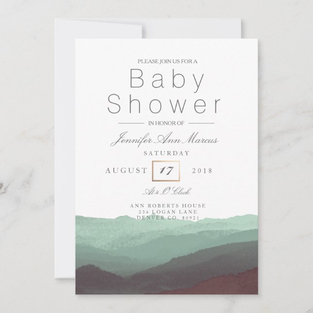 Invitación Acuarela de montaña de moda | Pastel Baby Shower (Anverso)