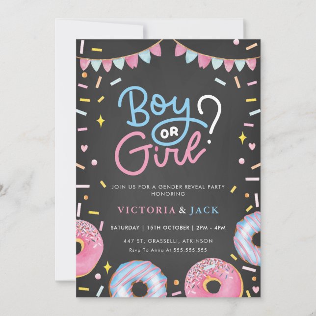 Invitación Acuarela de niño o Chica Donut Revelación de géner (Anverso)