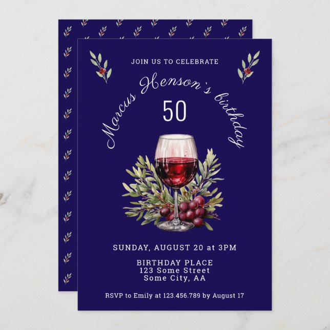 Invitación Acuarela de oliva de vidrio azul 50 cumpleaños (Anverso / Reverso)