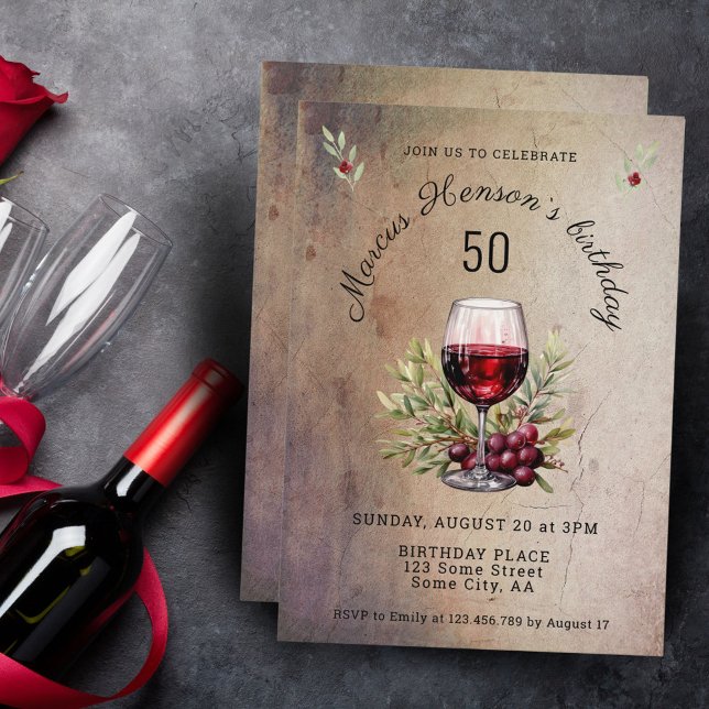 Invitación Acuarela de oliva de vidrio rojo 50 cumpleaños (Subido por el creador)