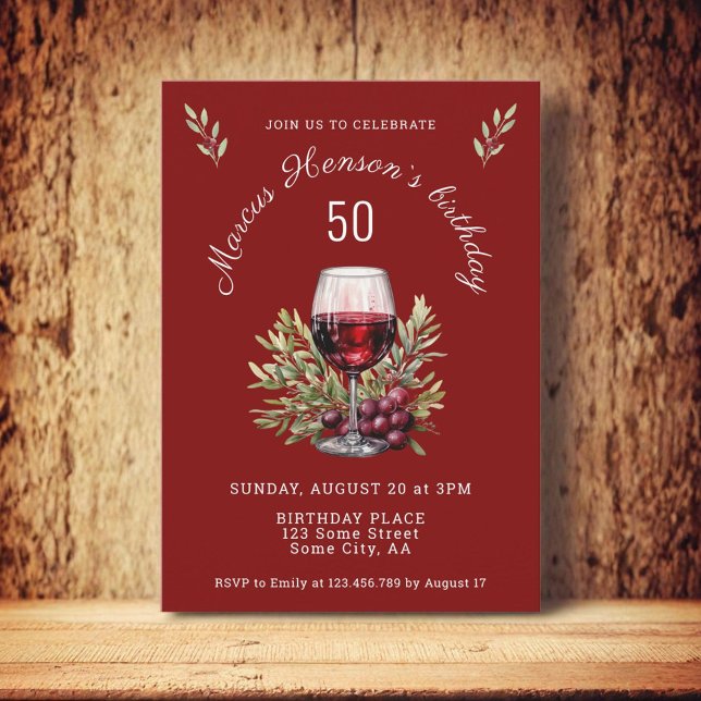 Invitación Acuarela de oliva de vidrio rojo 50 cumpleaños (Subido por el creador)