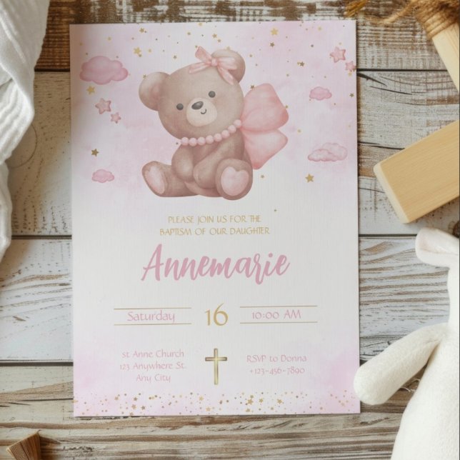 Invitación Acuarela de oro rosa Cute Teddy Bear Christening (Subido por el creador)