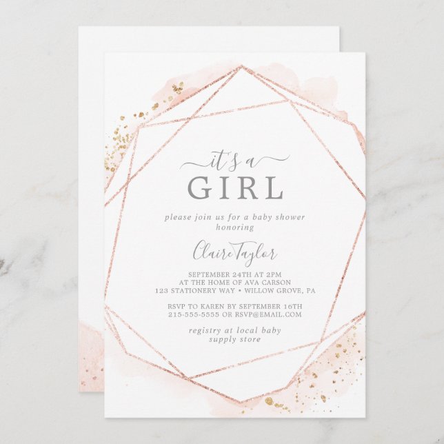 Invitación acuarela de oro Rosa es un Baby Shower Chica (Anverso / Reverso)