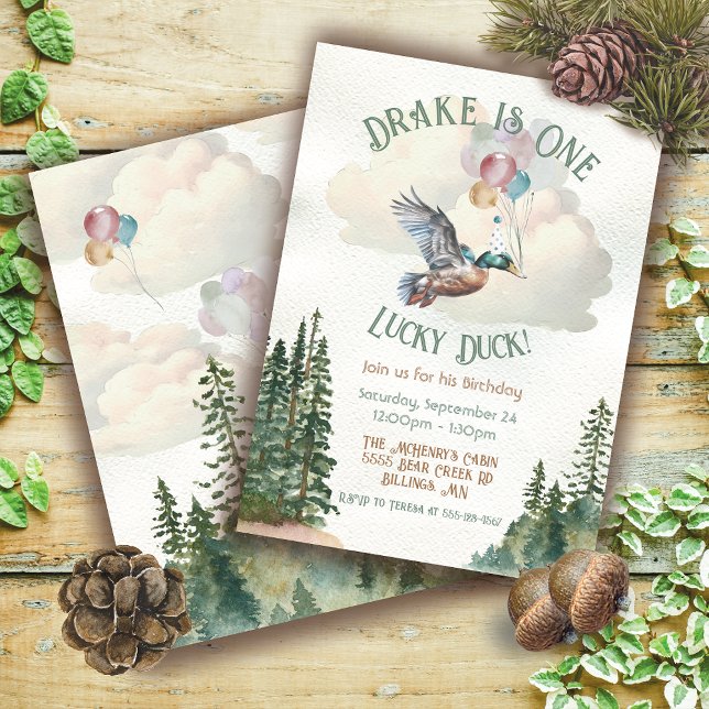 Invitación Acuarela de pato afortunada Turn One Birday Party (Subido por el creador)