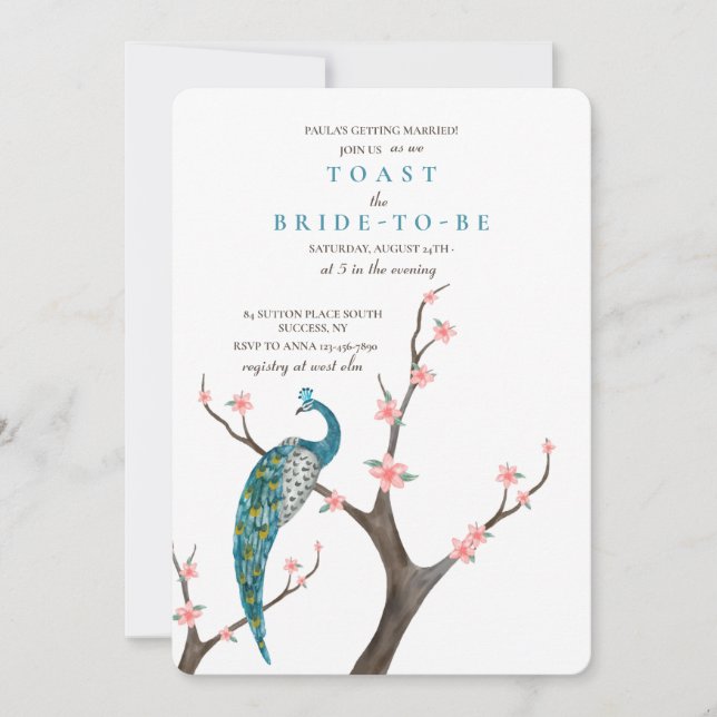 Invitación Acuarela de Pavo Real (Anverso)