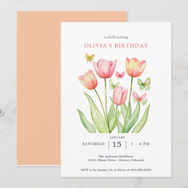 Invitación Acuarela de Peachy Tulips Floral (Anverso / Reverso)