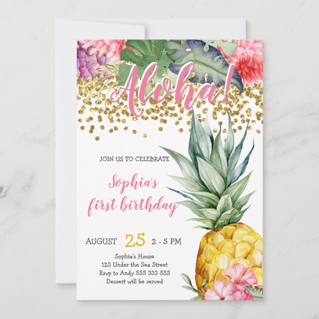 Invitación Acuarela de piña Aloha Luau Cumpleaños (Anverso)