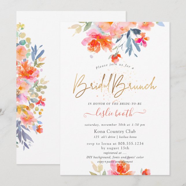 Invitación Acuarela de PixDezines, Brunch de novias de Rosas  (Anverso / Reverso)