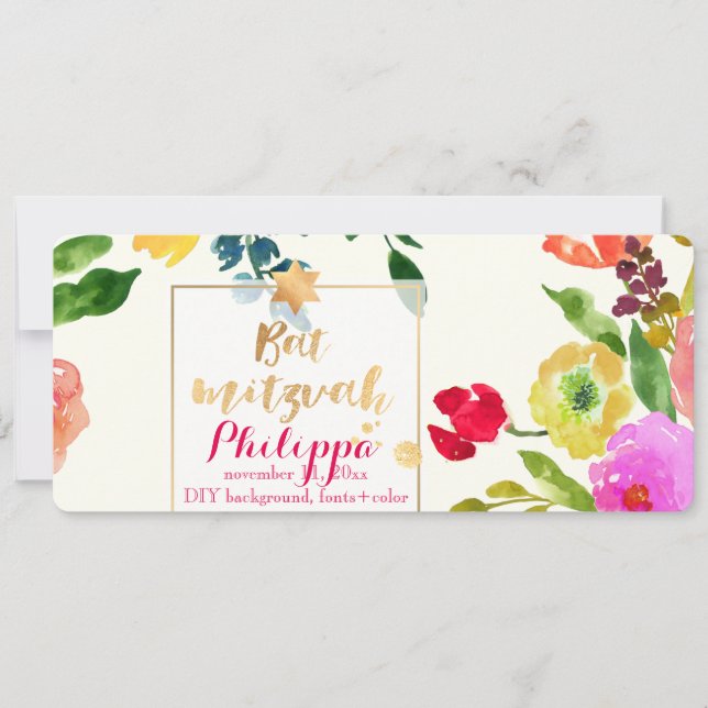Invitación Acuarela de PixDezines/Floral/Bat Mitzvah (Anverso)