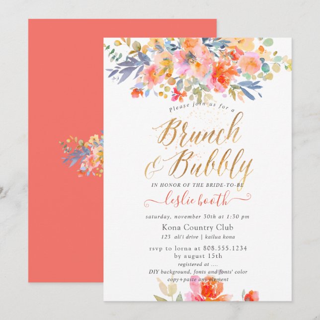 Invitación Acuarela de PixDezines, Rosas Jardín Brunch Bubbly (Anverso / Reverso)