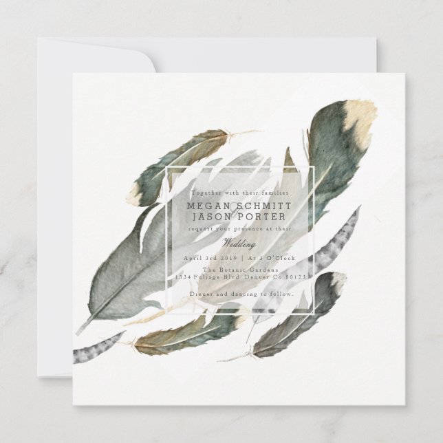 Invitación Acuarela de plumas de flujo | BODA (Anverso)