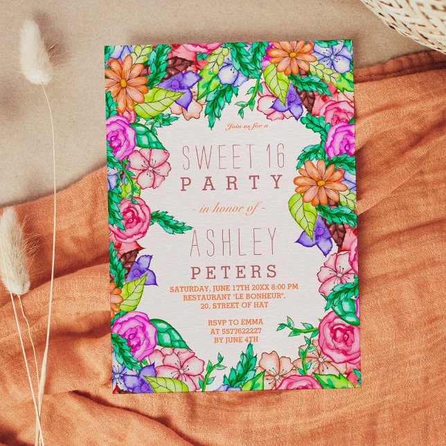 Invitación Acuarela de primavera con mano floral pintada Swee (Spring watercolor floral hand painted Sweet 16 Invitation)