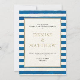 Invitación Acuarela de rayas azules y letras doradas para par