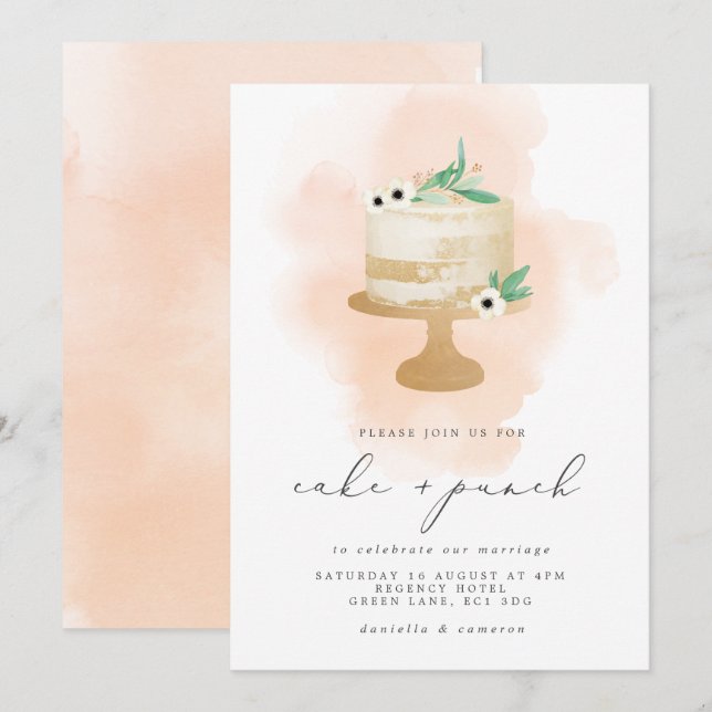 Invitación Acuarela de recepción de tarta y punzón boda (Anverso / Reverso)