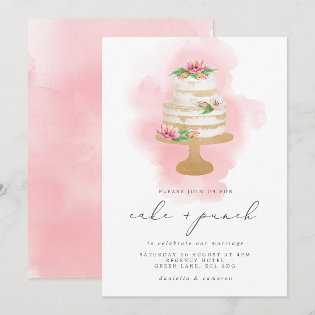 Invitación Acuarela de recepción de tarta y punzón boda (Anverso / Reverso)