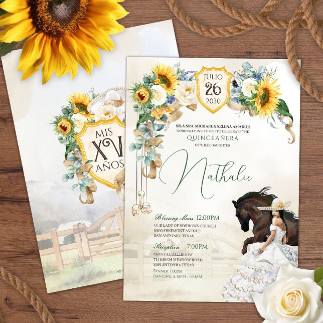 Invitación Acuarela de rosa blanco de girasol Charra Quincean (Subido por el creador)