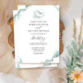 Invitación Acuarela de sabio plateado, elegante Boda de monog