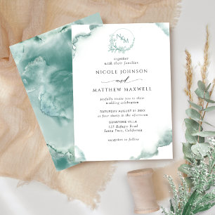 Invitación Acuarela de sabio plateado, elegante Boda de monog